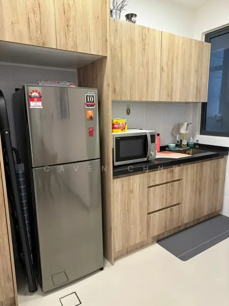 Kitchen features: stainless-steel fridge, built-in microwave, black countertop, wood cabinetry, drawer storage, open shelving, white tiled backsplash, ceramic tile flooring; style: modern.
