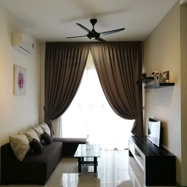 Living features: 3-seater fabric sofa in dark brown, decorative cushions, glass coffee table, wall-mounted TV, black TV console, floor-to-ceiling windows, sheer curtains, dark brown heavy curtains, air conditioning unit, polished tile flooring, wall art, shelf with decorative items; style: modern.