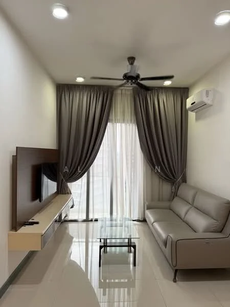 Living features: 3-seater leather sofa in light grey, glass coffee table, wall-mounted TV, TV console with storage, floor-to-ceiling windows, sheer curtains, dark grey drapes, recessed LED downlights, 1 wall-mounted split AC, polished ceramic tile flooring, white painted walls, ceiling fan with light; style: modern; view: city.