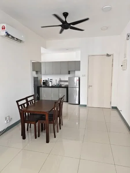 Dining features: 4-seater wooden dining table, black dining chairs, white painted walls, glossy tile flooring, wall-mounted split AC, recessed ceiling lights, ceiling fan, kitchen area visible in background, stainless-steel fridge, built-in kitchen cabinets, countertop with appliances; style: modern.