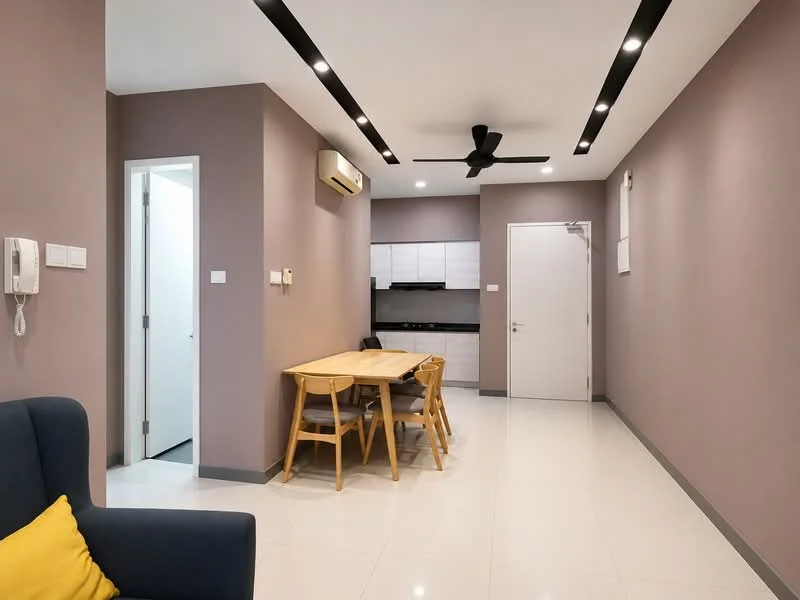 Dining features: 4-seater wooden dining table, wooden dining chairs, grey painted walls, white ceiling, recessed LED downlights, 5-blade ceiling fan, air conditioning unit, sliding door, tile flooring, wall-mounted intercom, open layout to kitchen, doorway to hallway; style: modern. Kitchen features: white cabinetry, black countertop, built-in oven, stainless-steel sink, single-bowl stainless-steel sink, chrome pull-down faucet, ceramic tile backsplash, stove with hood, open shelving; style: modern.