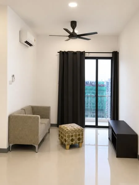 Living features: 3-seater fabric sofa in grey, decorative ottoman with patterned upholstery, wall-mounted TV console, floor-to-ceiling sliding glass door, blackout curtains, 1 wall-mounted split AC, recessed downlights, glossy tile flooring, white painted walls, ceiling fan with 3 blades; style: modern; view: city.