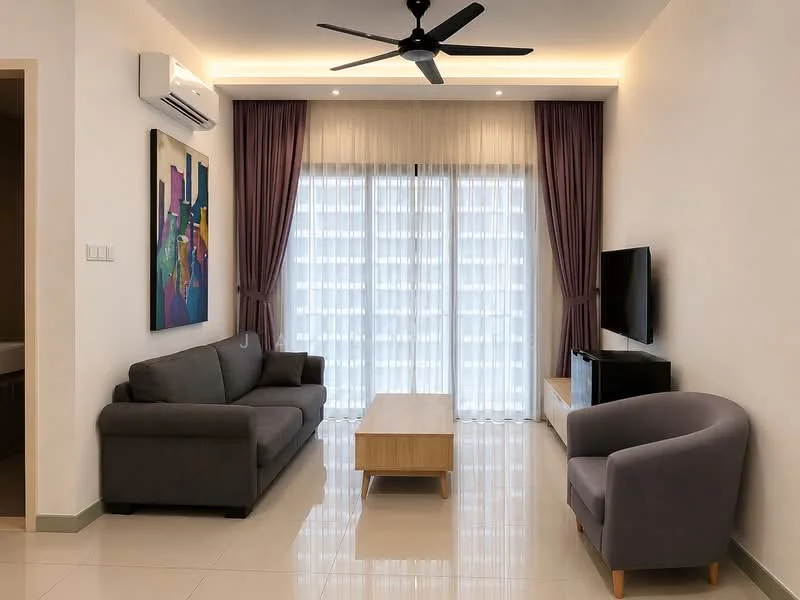 Living features: 3-seater fabric sofa in grey, wood coffee table, 2-seater armchair in light grey, wall-mounted TV, TV console in dark wood, floor-to-ceiling windows, sheer curtains, purple drapes, recessed LED downlights, ceiling fan with light, glossy tile flooring, decorative artwork on wall; style: modern.
