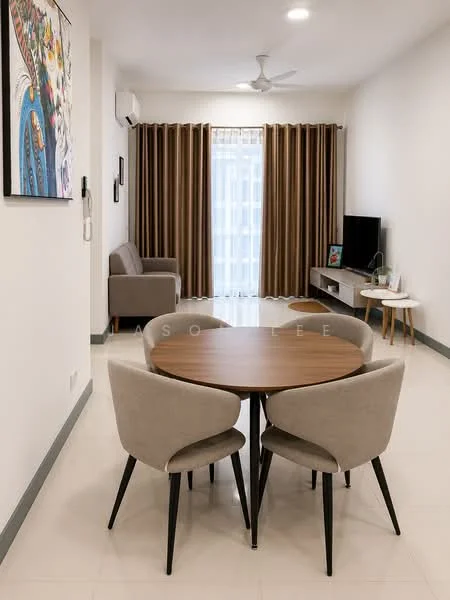 Living features: sofa in grey fabric, round dining table with wooden top, 4 upholstered dining chairs, wall-mounted TV, TV console, floor-to-ceiling windows, sheer curtains, brown curtain drapes, ceiling fan, recessed downlights, artwork on wall, light-colored tiled flooring; style: modern.