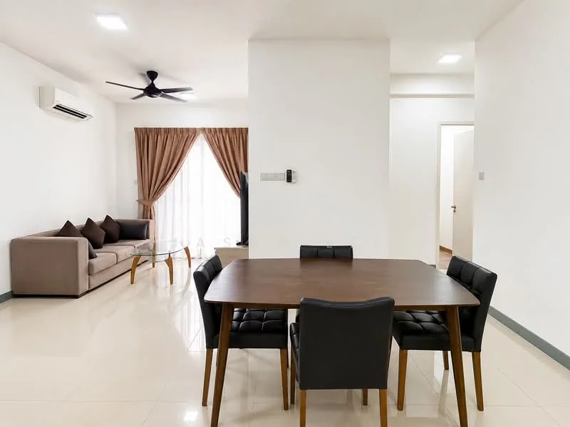 Dining features: 6-seater dining table, black upholstered dining chairs, white walls, recessed downlights, floor-to-ceiling windows with sheer curtains, cream-colored curtains, polished tile flooring, air conditioning unit on wall, sofa in beige fabric, decorative cushions on sofa, glass coffee table; style: modern.