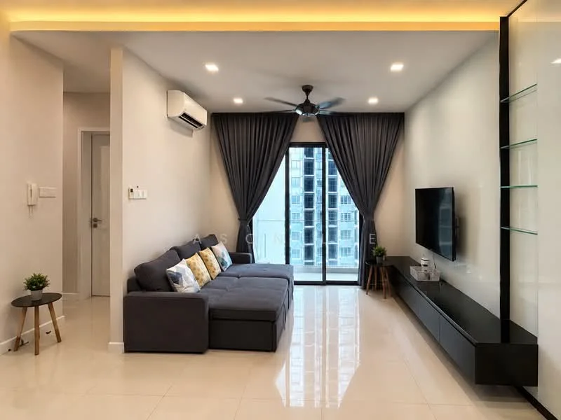 Living features: L-shape sectional sofa in grey, 3 decorative cushions in blue and yellow, wall-mounted TV, TV console in black, floor-to-ceiling windows, sheer curtains in grey, 5-blade ceiling fan with light, white painted walls, glossy tile flooring, air conditioning unit, decorative plant on side table; style: modern; view: city.