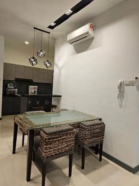 Dining features: glass dining table, 4 woven dining chairs, wall-mounted air conditioning unit, recessed ceiling lights, pendant lighting with geometric design, white painted walls, cream tiled flooring, kitchen cabinetry visible in background, black countertop in background; style: modern.