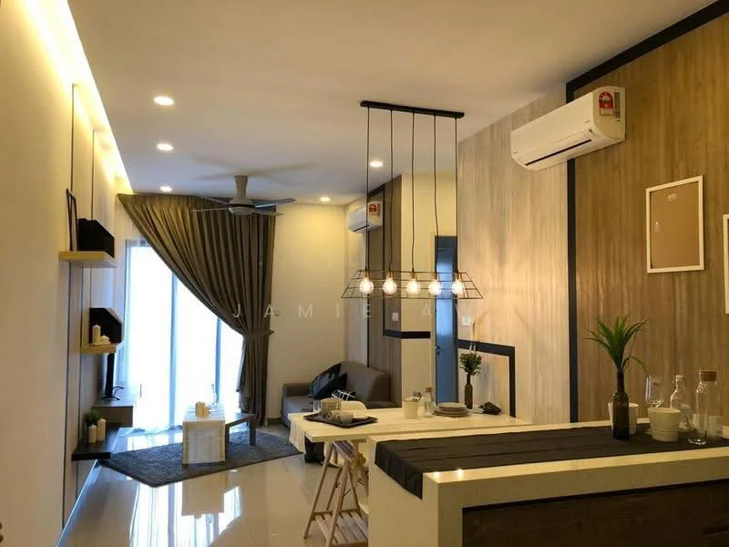 Living features: sofa in grey fabric, coffee table, area rug, wall-mounted TV, 5-blade ceiling fan with light, recessed downlights, floor-to-ceiling windows, sheer curtains, decorative plant in ceramic pot, wood accent wall, white painted walls, polished tile flooring, open shelving, dining table setup; style: modern.