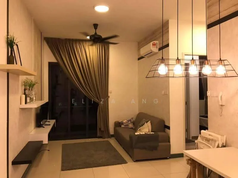 Living features: 3-seater fabric sofa in grey, area rug, wall-mounted TV, shelf unit, ceiling fan with light, recessed downlights, curtains, sliding glass door, decorative wall paneling, light fixture with multiple bulbs; style: modern.