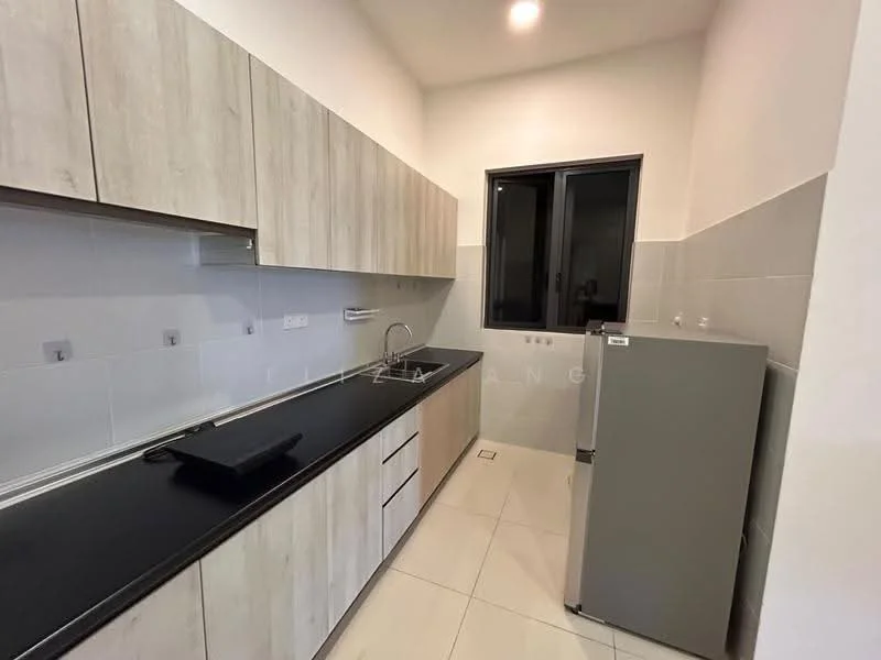 Kitchen features: light wood cabinetry, black granite countertop, stainless-steel fridge, single-bowl stainless-steel sink, chrome pull-down faucet, white tiled backsplash, ceramic tile flooring, recessed downlights, window with black frame; style: modern.