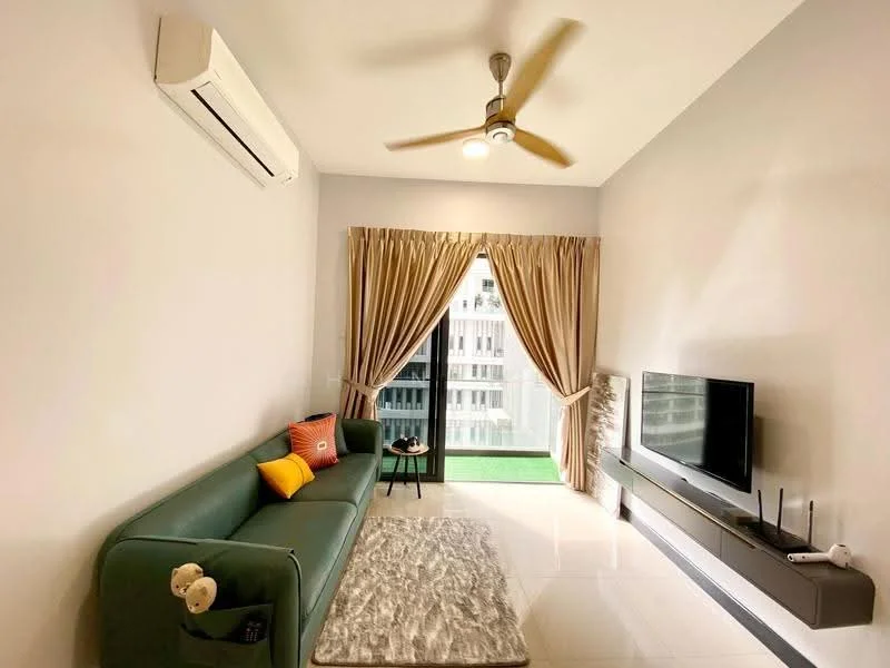 Living features: green fabric sofa, orange decorative pillow, area rug with neutral color, wall-mounted TV, floating TV console, ceiling fan with light, floor-to-ceiling windows, curtains in beige, air conditioning unit, sliding glass door leading to balcony; style: modern; view: garden.