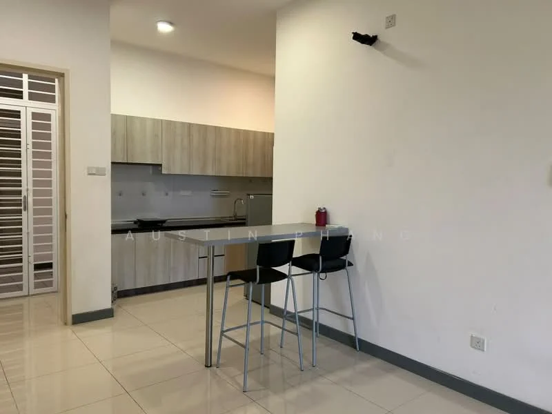 Kitchen features: light wood cabinetry, white countertop, stainless-steel sink, single-bowl stainless-steel sink, chrome pull-down faucet, built-in stove, tile backsplash, ceramic tile flooring, recessed downlights, bar table with high stools; style: modern.
