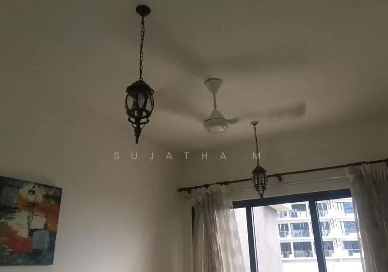 Room features: white painted walls, ceiling fan, 2 pendant lights, floor-to-ceiling windows, sheer curtains, decorative artwork, curtain rod.