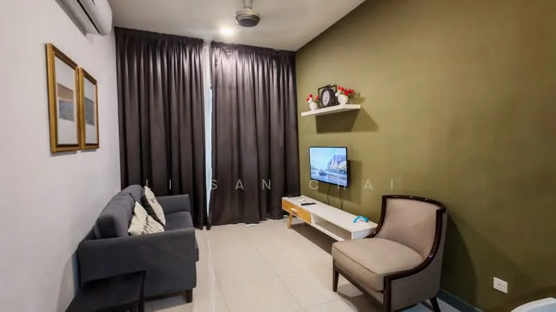 Living features: grey fabric sofa, single upholstered armchair, white TV console, wall-mounted TV, decorative shelf, framed artwork on walls, dark brown curtains, ceiling fan, tile flooring, green accent wall; style: modern.