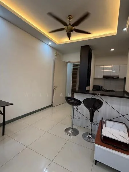 Kitchen features: white cabinets, black countertop, stainless-steel sink, chrome pull-down faucet, built-in stove, refrigerator, pendant lighting, 5-blade ceiling fan with light, tile flooring, open layout, bar stools, wall-mounted cabinets; style: modern.