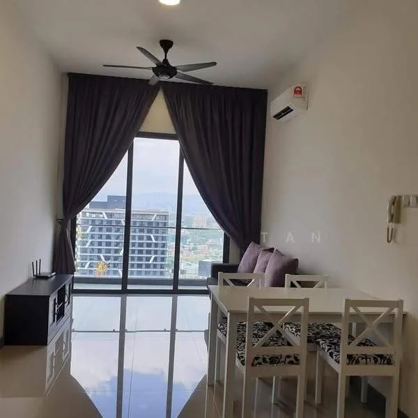 Living features: floor-to-ceiling windows, grey curtains, 5-blade ceiling fan with light, white walls, glossy tile flooring, dining table with 4 chairs, sofa with patterned upholstery, TV console, city view; style: modern; view: city.