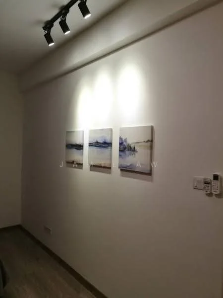Room features: white painted walls, wooden flooring, three framed artworks, recessed LED downlights, intercom panel.