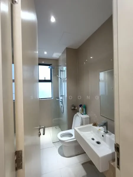 Bathroom features: white tiled walls, light grey tiled flooring, walk-in shower with glass enclosure, chrome handheld shower, single-sink vanity with white cabinet, mirror above sink, one-piece toilet, window for natural light, recessed downlights; style: modern.