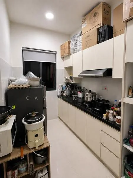 Kitchen features: white cabinetry, black countertop, stainless-steel range hood, built-in oven, 4-burner gas hob, single-bowl stainless-steel sink, chrome pull-down faucet, ceramic tile flooring, recessed downlights, window with black frame, open shelving, various kitchen appliances, storage boxes on top shelves; style: modern.