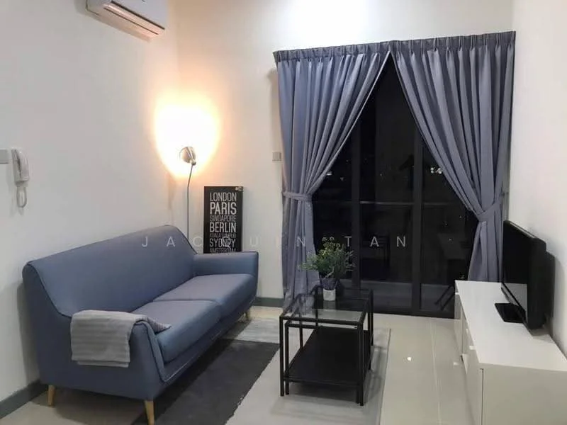 Living features: light blue fabric sofa, glass coffee table, white TV console, wall-mounted TV, floor-to-ceiling windows, grey curtains, wall-mounted lamp, white walls, polished tile flooring, air conditioning unit; style: modern; view: city.
