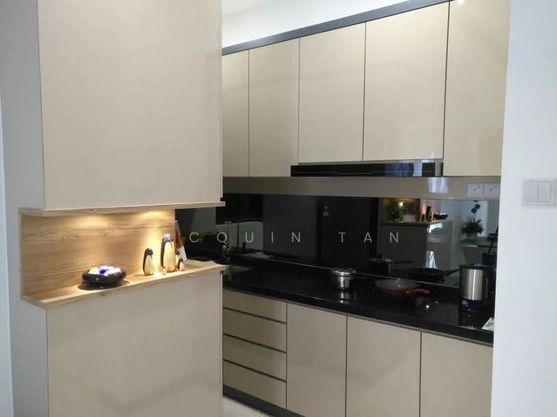 Kitchen features: cream high-gloss cabinetry, black granite countertop, built-in oven, stainless-steel stove, stainless-steel pot, kitchen sink, chrome faucet, under-cabinet lighting, wooden accent panel, wall-mounted kitchen hood, open shelving, recessed lighting; style: modern.