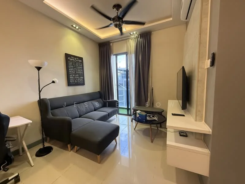 Living features: L-shape sectional sofa in grey, coffee table, wall-mounted TV, TV console, floor-to-ceiling windows, sliding glass door, curtains, ceiling fan with light, recessed downlights, white walls, glossy tile flooring; style: modern; view: garden.