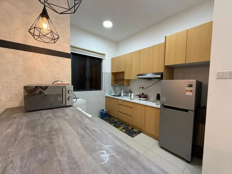 Kitchen features: light wood cabinetry, stainless-steel fridge, built-in oven, stainless-steel range hood, single-bowl stainless-steel sink, chrome pull-down faucet, white countertop, ceramic tile flooring, pendant light fixture, window with blinds, microwave, colorful patterned mat; style: modern.