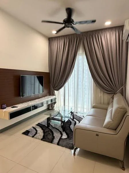 Living features: 3-seater fabric sofa in light grey, glass coffee table, TV console with wall-mounted TV, floor-to-ceiling windows, sheer curtains, blackout curtains, area rug with geometric pattern, ceiling fan with light, recessed downlights, cream painted walls, light-colored tiled flooring; style: modern; view: city.