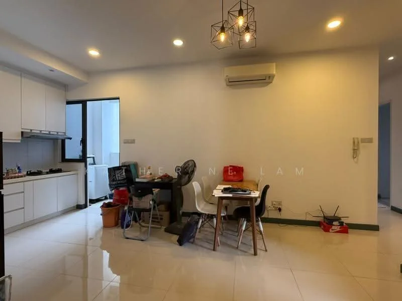 Living features: white painted walls, glossy tile flooring, recessed downlights, 5-blade ceiling fan, large window with black frame, dining table with chairs, kitchen area with cabinets, air conditioning unit, open layout, decorative pendant lights; style: modern.