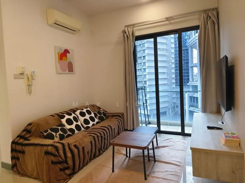 Living features: 3-seater fabric sofa in brown with black and white patterned cushions, wooden coffee table, TV console in light wood, wall-mounted TV, floor-to-ceiling sliding glass door, curtains in light grey, air conditioning unit on wall, decorative artwork on wall, area rug in beige, laminate flooring; style: modern; view: city.