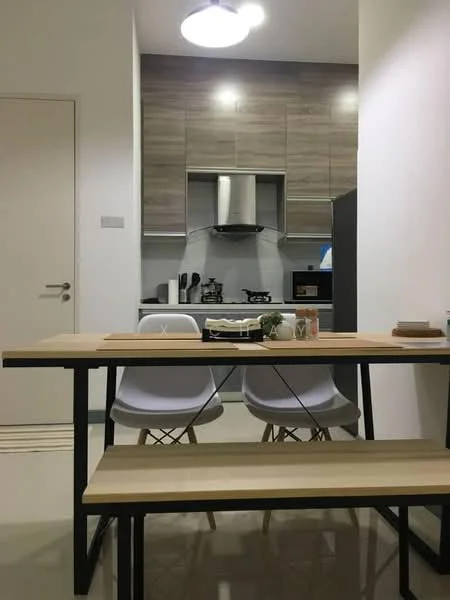 Dining features: wood dining table, 2 white plastic dining chairs, bench seating, pendant light fixture, grey cabinetry, stainless-steel range hood, built-in gas stove, black refrigerator, white walls, glossy floor tiles; style: modern. Kitchen features: grey cabinetry, stainless-steel range hood, built-in gas stove, black refrigerator, white walls, glossy floor tiles; style: modern.