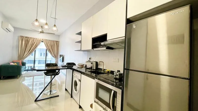 Kitchen features: stainless-steel fridge, built-in oven, freestanding washing machine, black granite countertop, white cabinetry, single-bowl stainless-steel sink, chrome pull-down faucet, ceramic tile flooring, recessed downlights, pendant lighting, open shelving, bar stool seating; style: modern; view: city. Living features: 3-seater fabric sofa in teal, coffee table, floor-to-ceiling windows, curtains, area rug; style: modern; view: city.
