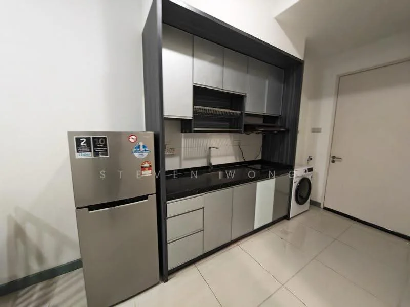 Kitchen features: stainless-steel fridge, built-in oven, single-bowl stainless-steel sink, chrome pull-down faucet, black granite countertop, grey cabinetry with flat-panel doors, open shelving, white tiled backsplash, washing machine, ceramic tile flooring, recessed downlights; style: modern.