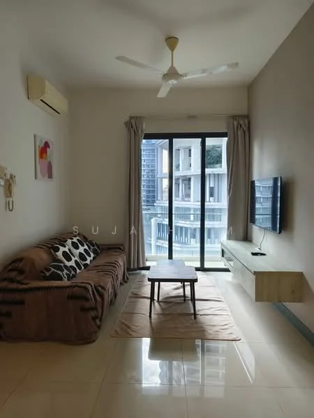 Living features: 3-seater fabric sofa with animal print, coffee table, wall-mounted TV, floor-to-ceiling windows, curtains, ceiling fan, air conditioning unit, light-colored walls, polished tile flooring, decorative artwork on wall, area rug; style: modern; view: city.