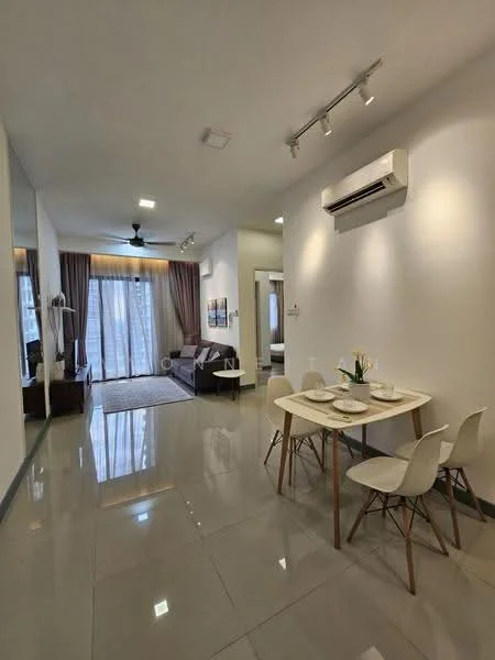 Dining features: 4-seater dining table with white tabletop, wooden legs on dining table, 4 white plastic dining chairs, recessed ceiling lights, wall-mounted split AC unit, grey tiled flooring, floor-to-ceiling windows with sheer curtains, decorative wall mirror, ceiling fan, area rug with geometric pattern; style: modern; view: city. Living features: 3-seater fabric sofa in dark grey, coffee table, TV console, wall-mounted TV, decorative plants, artwork on wall; style: modern; view: city.