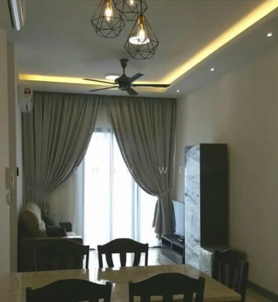 Living features: 3-blade ceiling fan, recessed LED downlights, sofa in beige, coffee table, TV console, wall-mounted TV, floor-to-ceiling windows, sheer curtains, dark wood dining table with chairs, light-colored walls, marble flooring; style: modern.