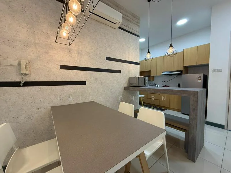 Dining features: rectangular dining table with grey surface, 4 white dining chairs, pendant lighting with multiple bulbs, wall-mounted air conditioning unit, light grey textured wall, black horizontal accent stripes on wall, open kitchen area visible in background, wood cabinetry in kitchen, stainless-steel appliances visible in kitchen; style: modern.