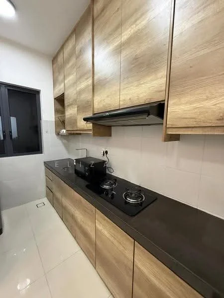 Kitchen features: wood cabinetry, black countertop, stainless-steel gas hob with 2 burners, built-in range hood, white tiled backsplash, white tiled flooring, single-bowl stainless-steel sink, wall-mounted storage shelves, window with black frame; style: modern.