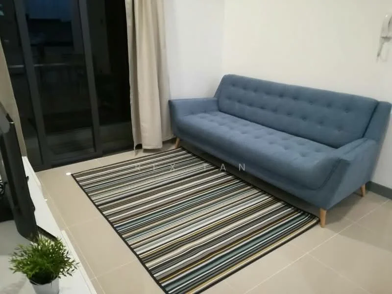 Living features: blue fabric sofa with tufted design, striped area rug, floor-to-ceiling sliding glass door, light-colored curtains, neutral painted walls, ceramic tile flooring, indoor plant in ceramic pot; style: modern.