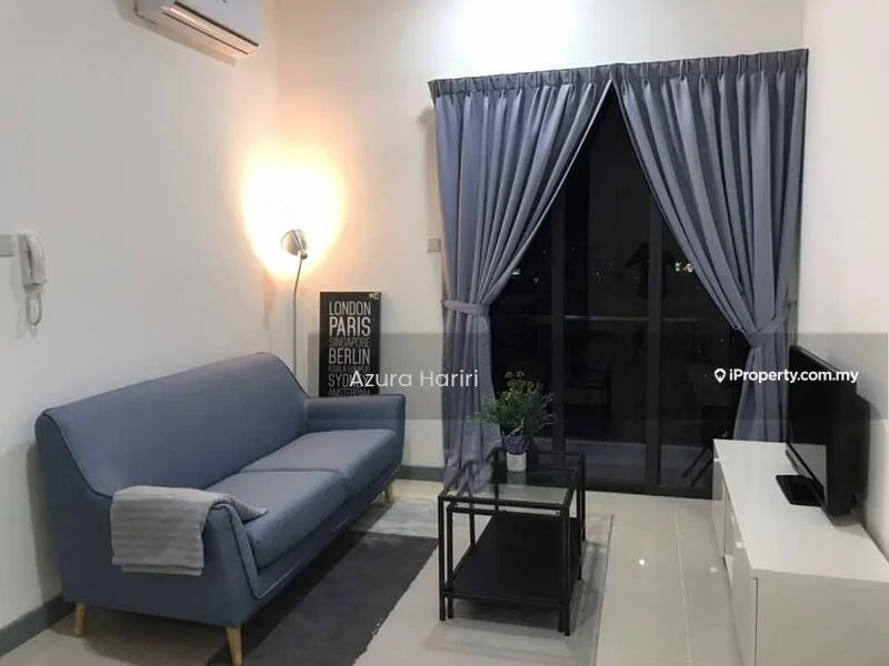 Living features: light blue fabric sofa, glass coffee table, wall-mounted TV, grey curtains, floor-to-ceiling windows, air conditioning unit, decorative wall art with city names, white TV console, laminate flooring, recessed downlights; style: modern; view: city.