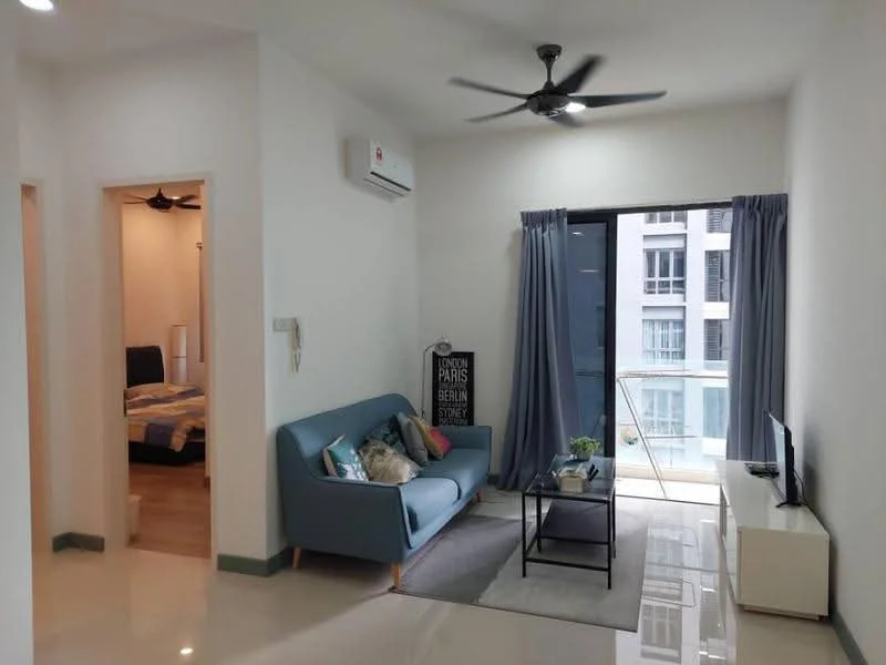 Living features: 3-seater fabric sofa in blue, coffee table, wall-mounted TV, floor-to-ceiling windows, curtains, 5-blade ceiling fan, air conditioning unit, polished tile flooring, decorative cushions, area rug with geometric pattern; style: modern; view: city. Room features: doorway leading to bedroom, light-colored walls, wooden flooring visible in adjacent room.