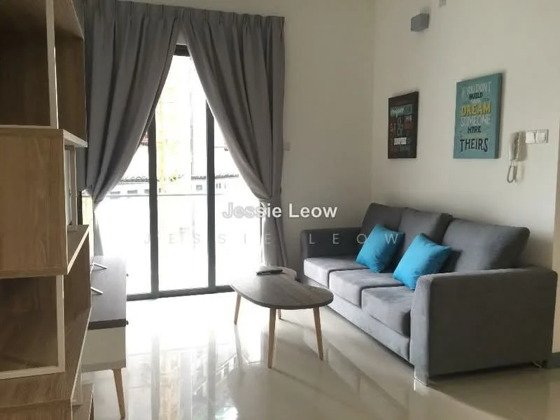 Living features: grey fabric sofa, 3-seater sofa, blue decorative cushions, wooden coffee table, floor-to-ceiling windows, curtains in grey, white painted walls, glossy tile flooring, wall-mounted artwork, built-in shelving unit; style: modern.