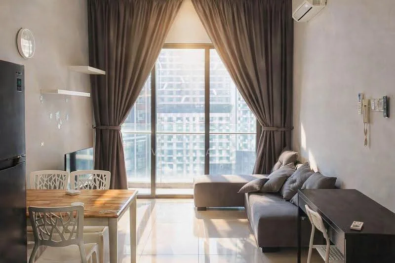 Living features: grey painted walls, polished tile flooring, floor-to-ceiling windows, blackout curtains, sofa with cushions, wooden dining table, 4 white dining chairs, wall-mounted TV, air conditioning unit, shelf unit on wall; style: modern; view: city.