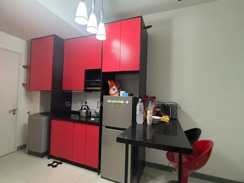 Kitchen features: red and black cabinetry, stainless-steel fridge, built-in oven, black countertop, kettle, water bottles, snacks on countertop, single-bowl stainless-steel sink, chrome faucet, pendant lighting, tile flooring, wall-mounted shelves; style: modern.