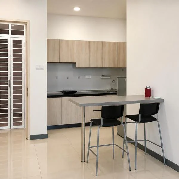 Kitchen features: light wood cabinetry, black countertop, stainless-steel sink, chrome pull-down faucet, built-in stove, open shelving, bar-height table, two black bar stools, white walls, glossy tile flooring, recessed downlights; style: modern.