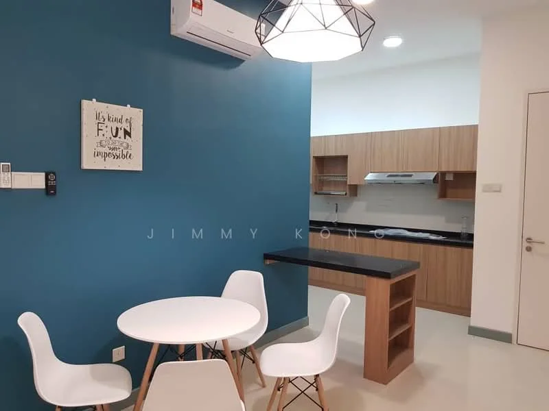 Dining features: round dining table, 4 white plastic dining chairs, blue accent wall, air conditioning unit, pendant light fixture, laminate flooring, kitchen cabinetry, black countertop, stainless-steel range hood, built-in oven, kitchen sink; style: modern.