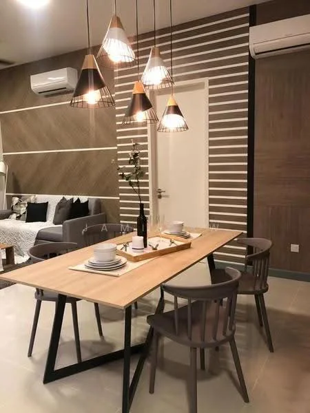 Dining features: wood dining table with black metal legs, 4 grey dining chairs, hanging pendant lights with wire shades, decorative vase with greenery, white plates and cutlery on the table, grey accent wall with horizontal stripes, light-coloured flooring, 2 wall-mounted split AC units; style: modern. Living features: grey fabric sofa, decorative cushions, coffee table, wall-mounted TV, textured wall paneling, area rug; style: modern.