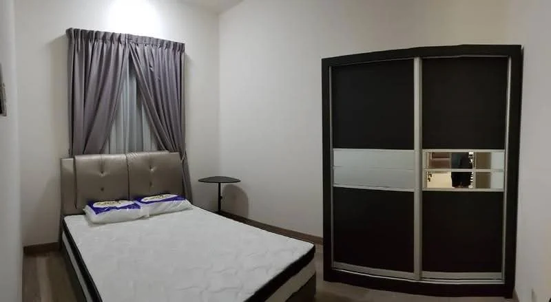 Bedroom features: queen-size bed with upholstered headboard, bedside table, floor-to-ceiling window with sheer curtains, grey curtains, laminate flooring, built-in wardrobe with sliding doors, decorative wall art, neutral wall colour; style: modern.