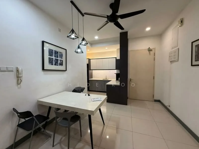 Dining features: white dining table, 4 black dining chairs, pendant lighting with three fixtures, wall-mounted phone, framed artwork on wall, white painted walls, glossy tile flooring, ceiling fan with 3 blades, kitchen area visible in background; style: modern.