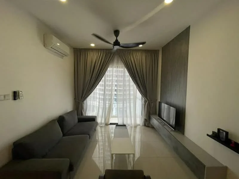 Living features: 3-seater fabric sofa in grey, ceiling fan with light, wall-mounted TV, TV console, coffee table, floor-to-ceiling windows, sheer curtains, recessed downlights, white painted walls, glossy tile flooring, decorative wall paneling; style: modern.
